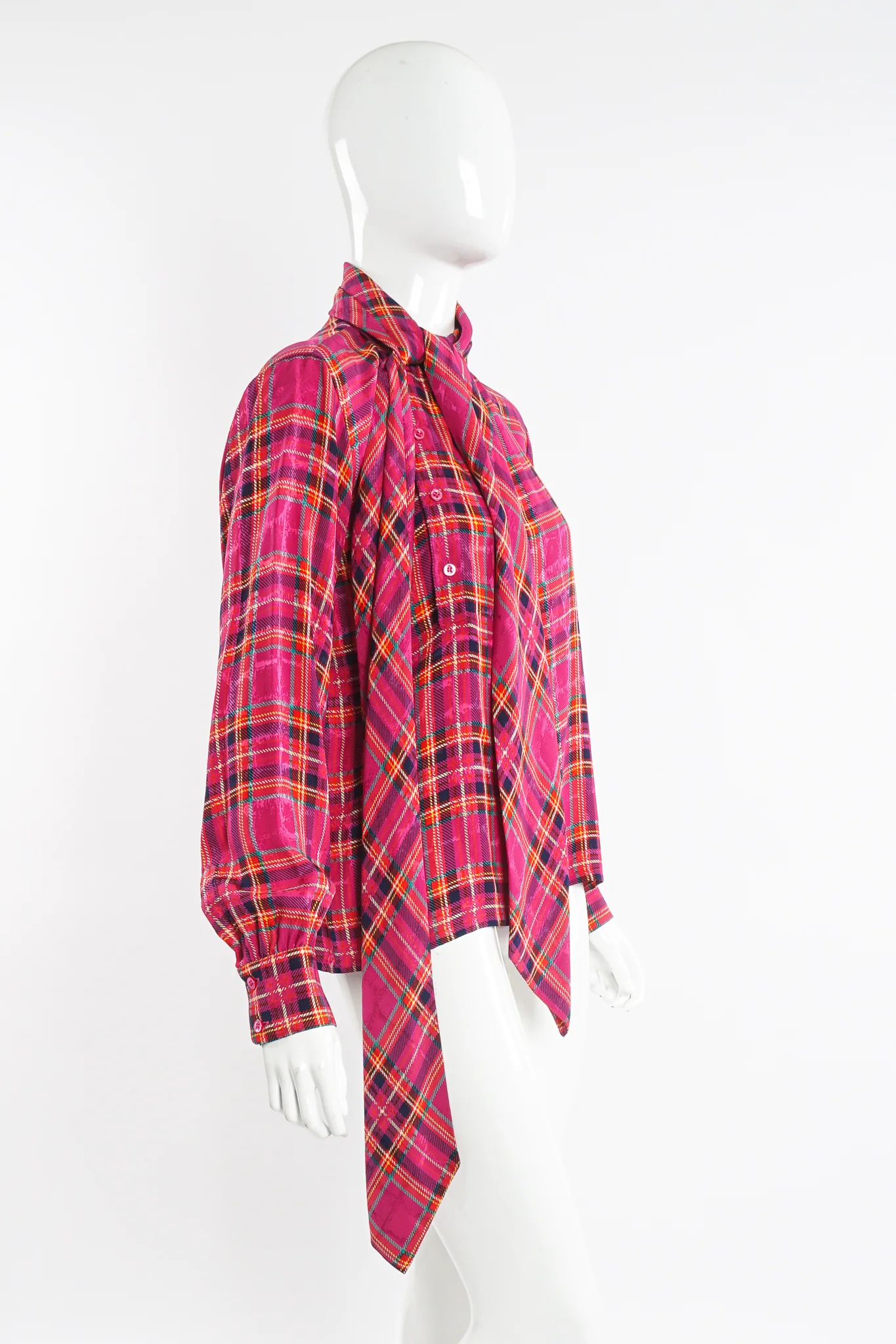 Hot Plaid Silk Bow Blouse - Image 6