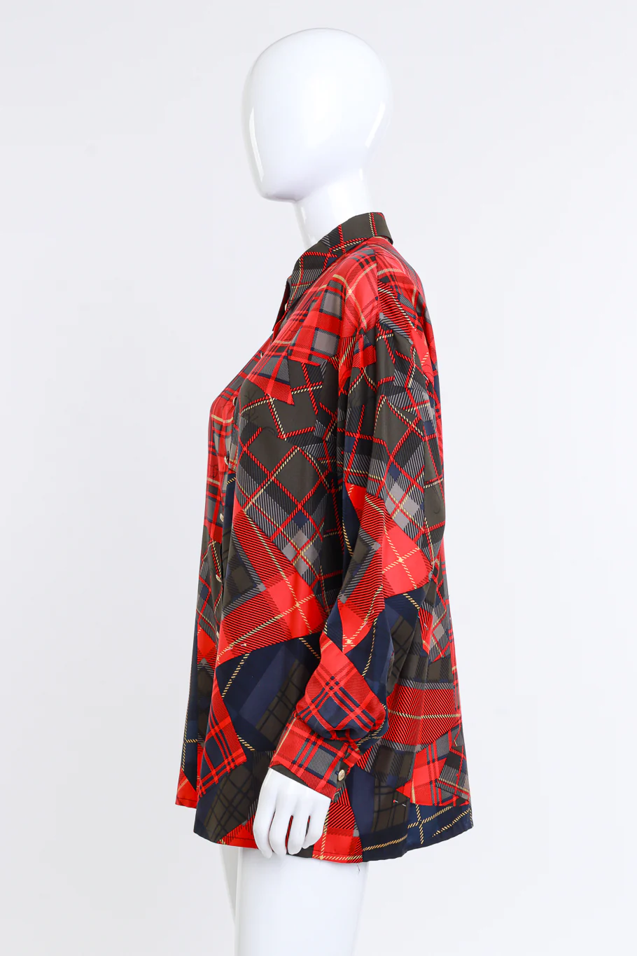 Plaid Patchwork Print Silk Blouse - Image 2