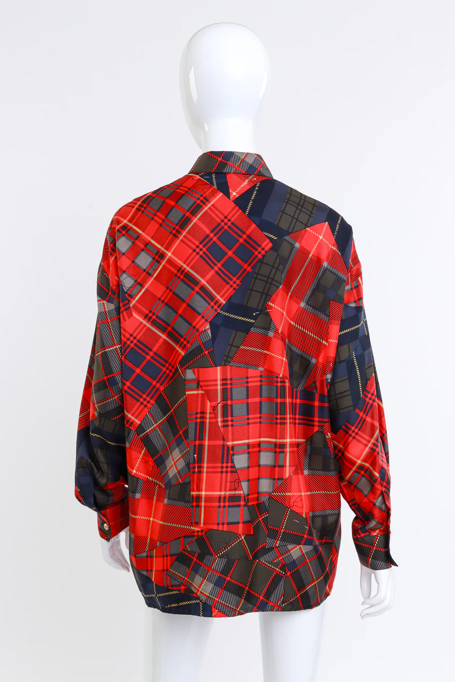 Plaid Patchwork Print Silk Blouse - Image 3