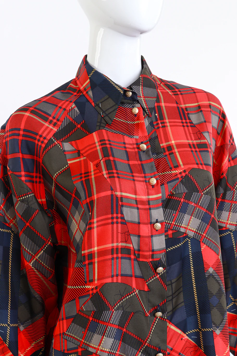 Plaid Patchwork Print Silk Blouse - Image 4