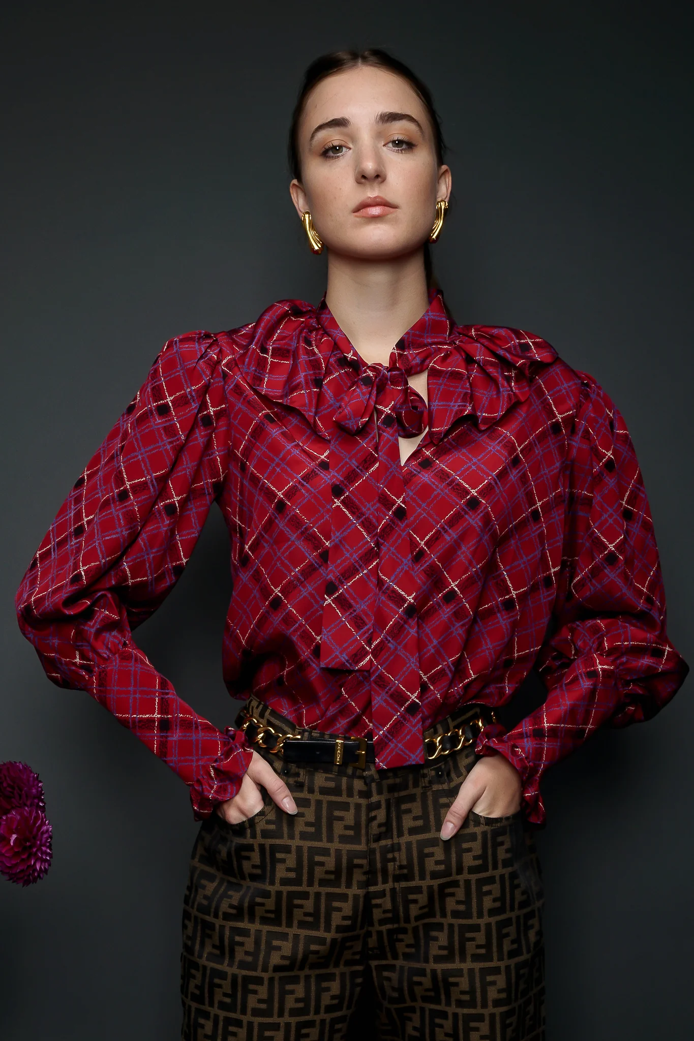 Plaid Ruffle Bow Blouse - Image 3
