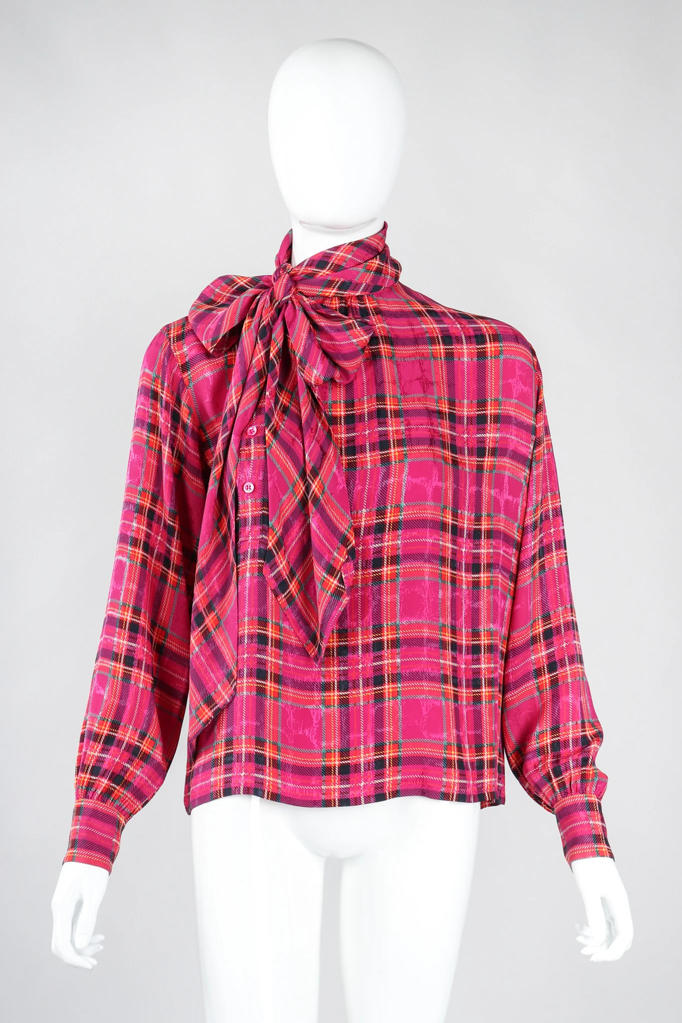 Plaid Silk Bow Blouse - Image 3