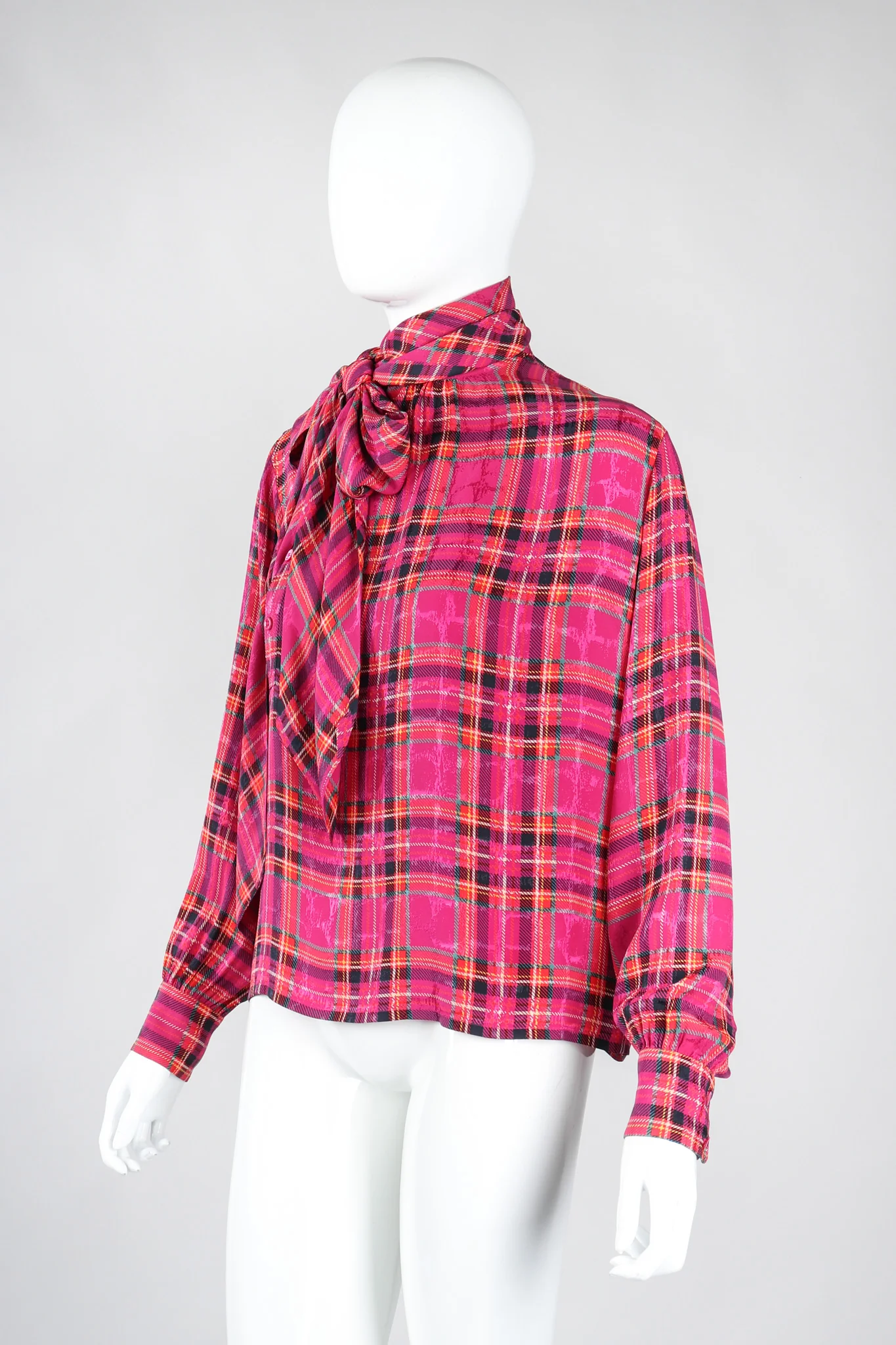 Plaid Silk Bow Blouse - Image 4
