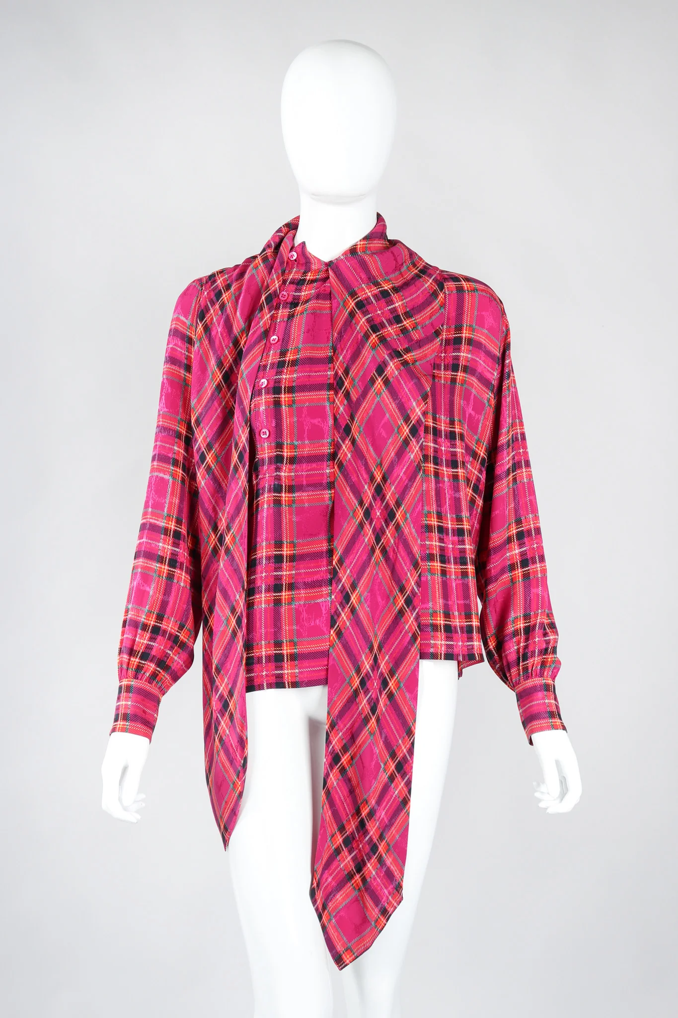 Plaid Silk Bow Blouse - Image 8