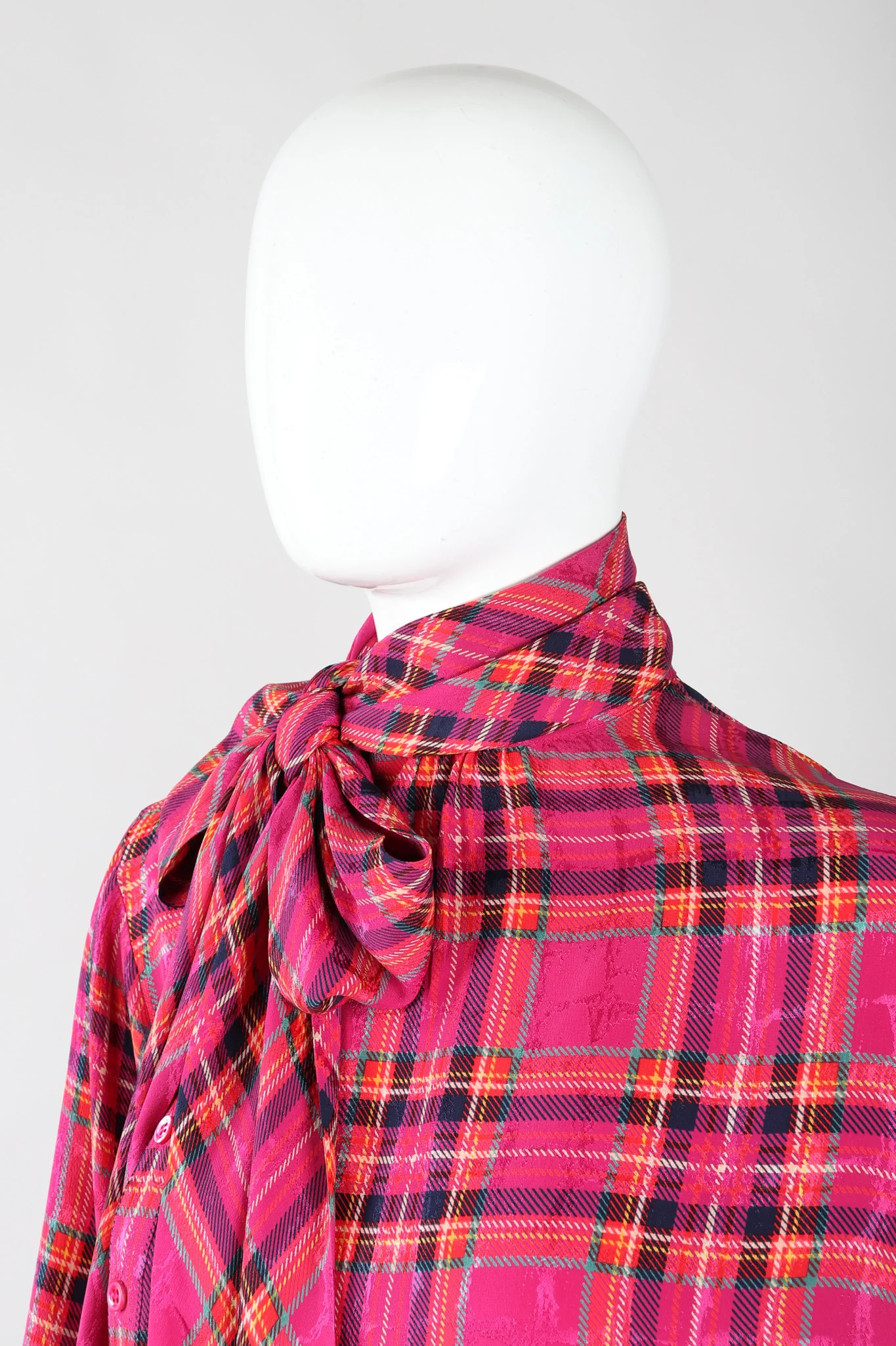 Plaid Silk Bow Blouse - Image 9