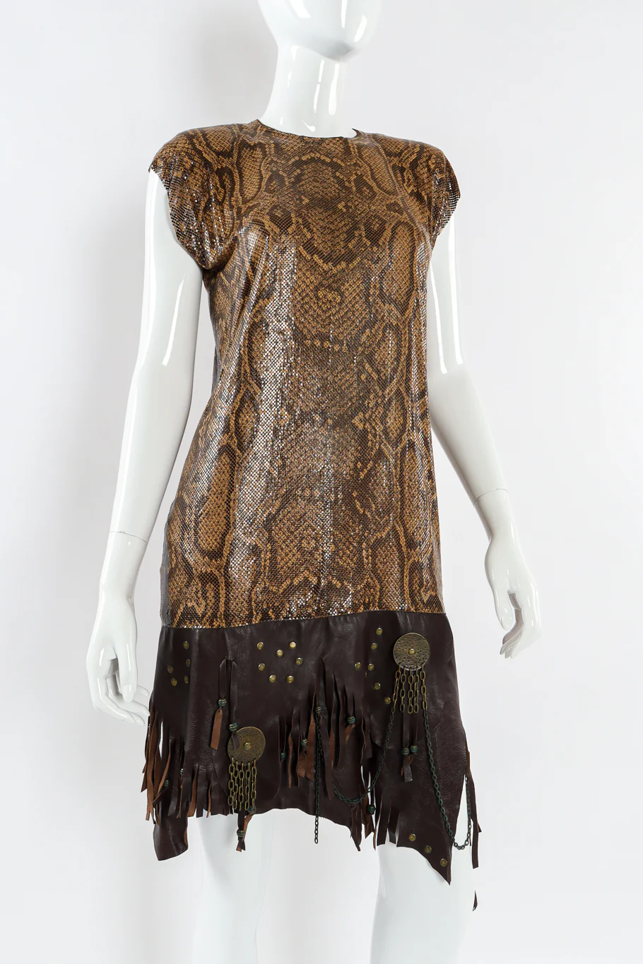 Python Print Metal Mesh Leather Dress - Image 5