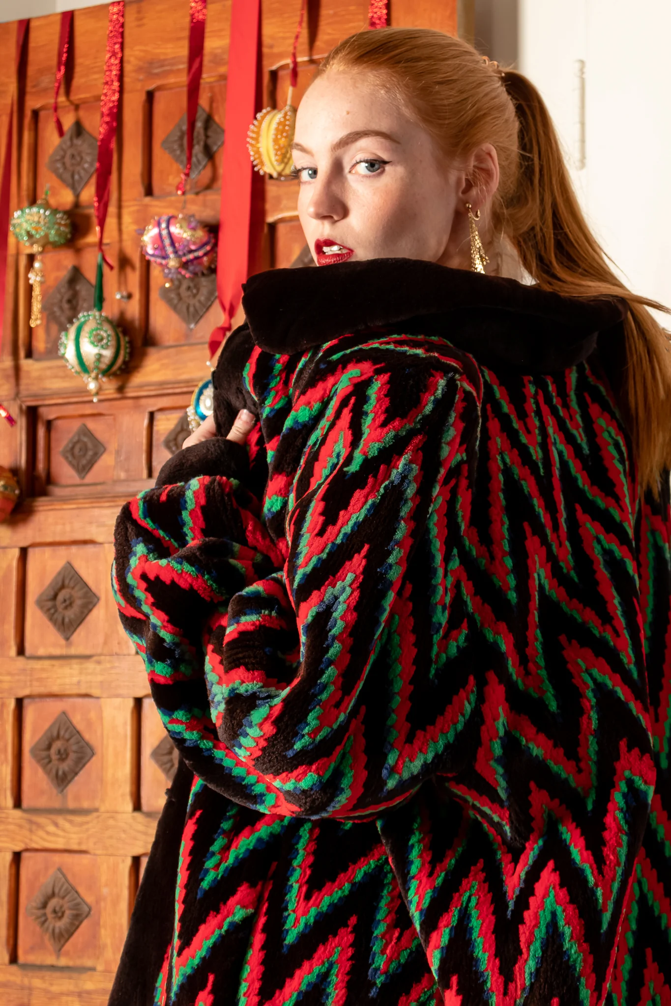 Rainbow Chevron Blanket Stripe Fur Coat - Image 3