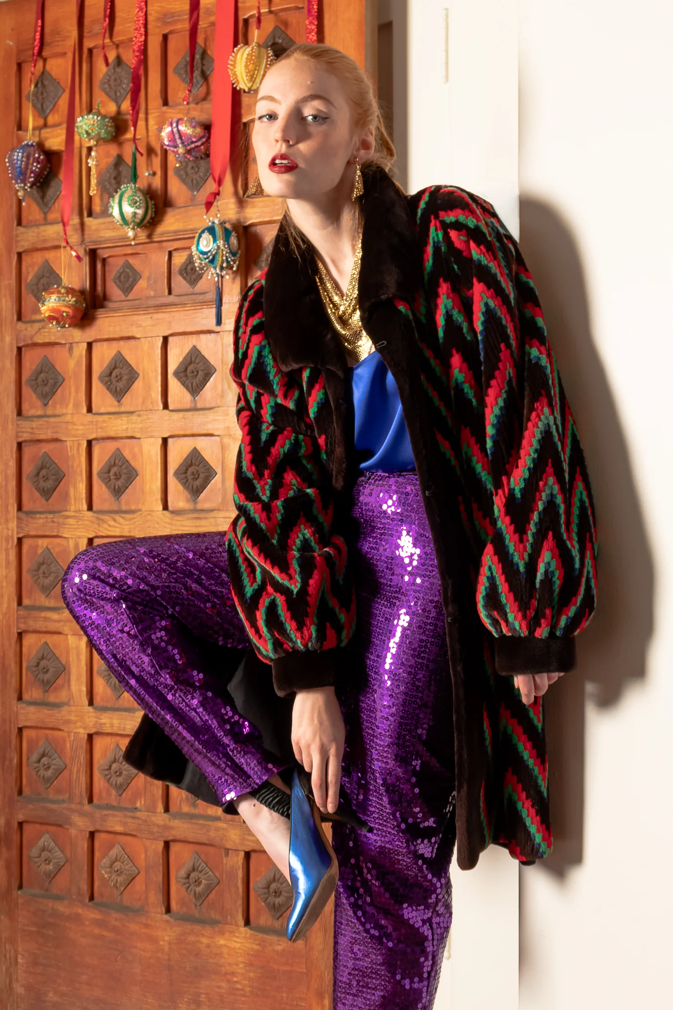 Rainbow Chevron Blanket Stripe Fur Coat - Image 4