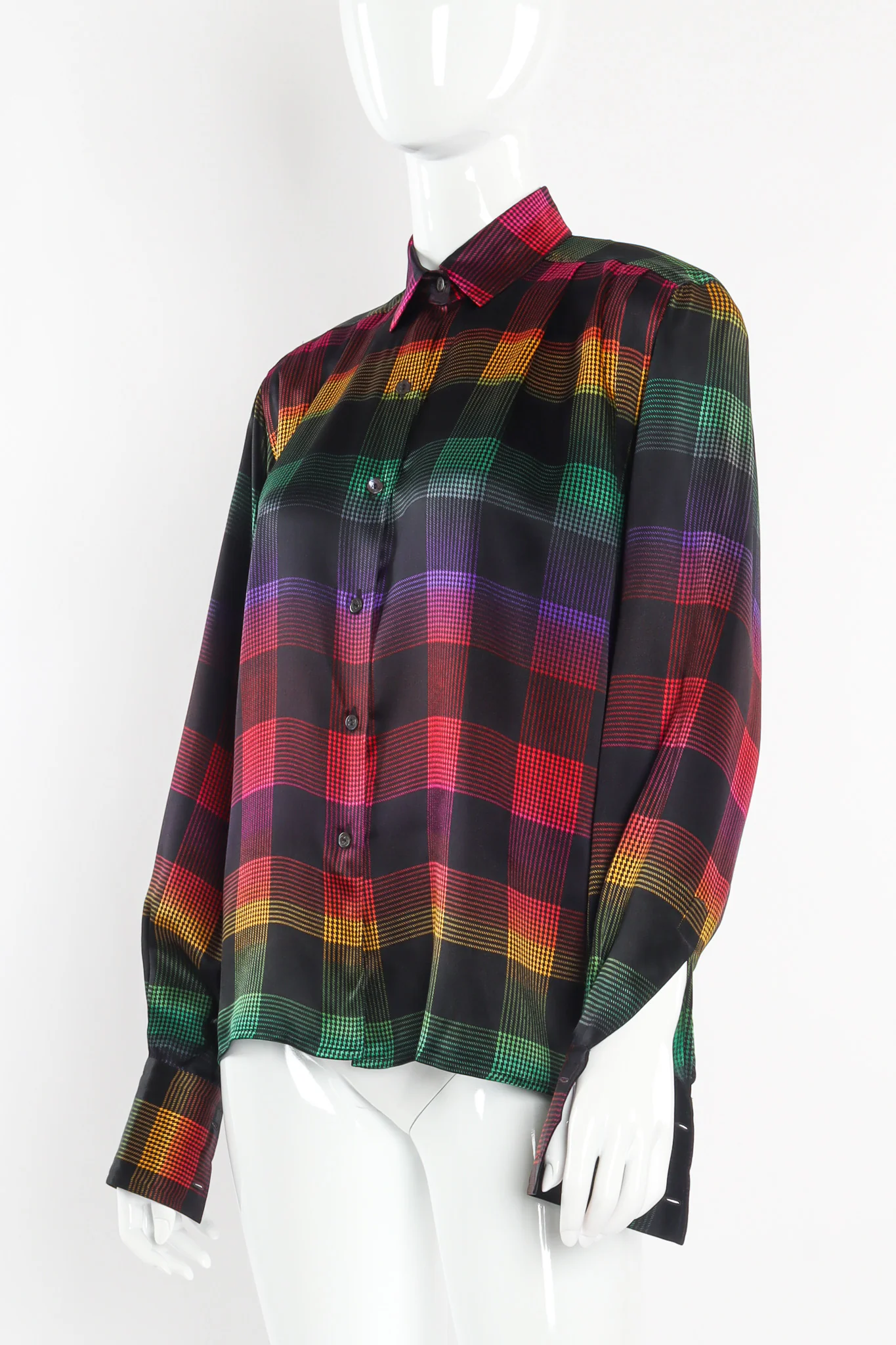Rainbow Houndstooth Plaid Silk Blouse - Image 4