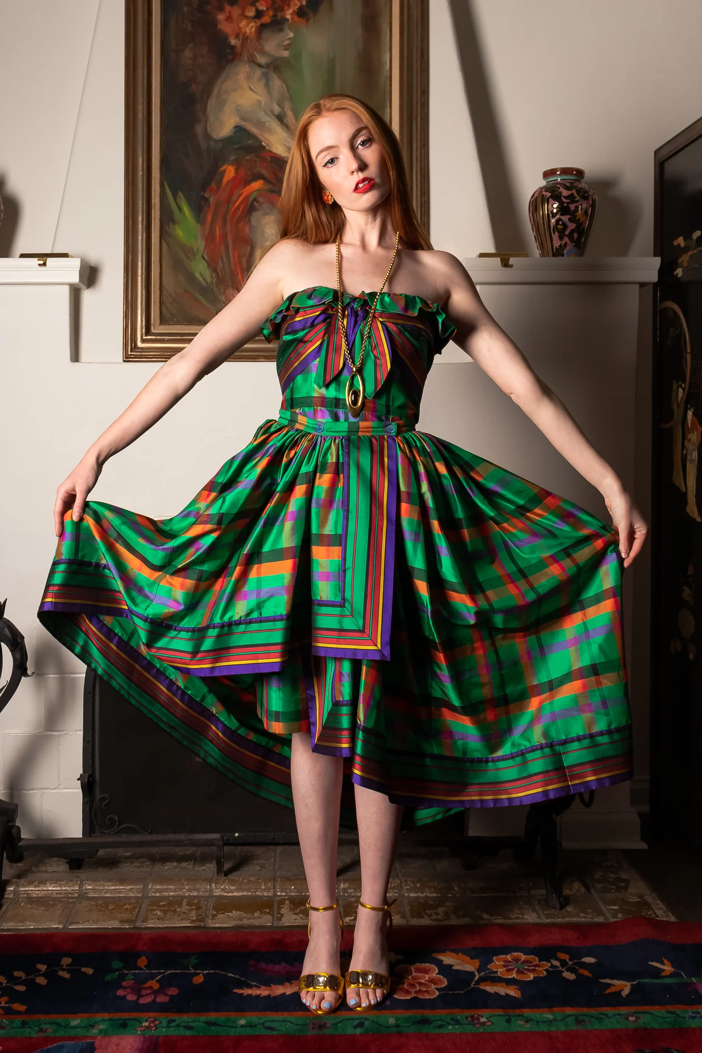 Rainbow Plaid Silk Dress & Skirt Set - Image 3