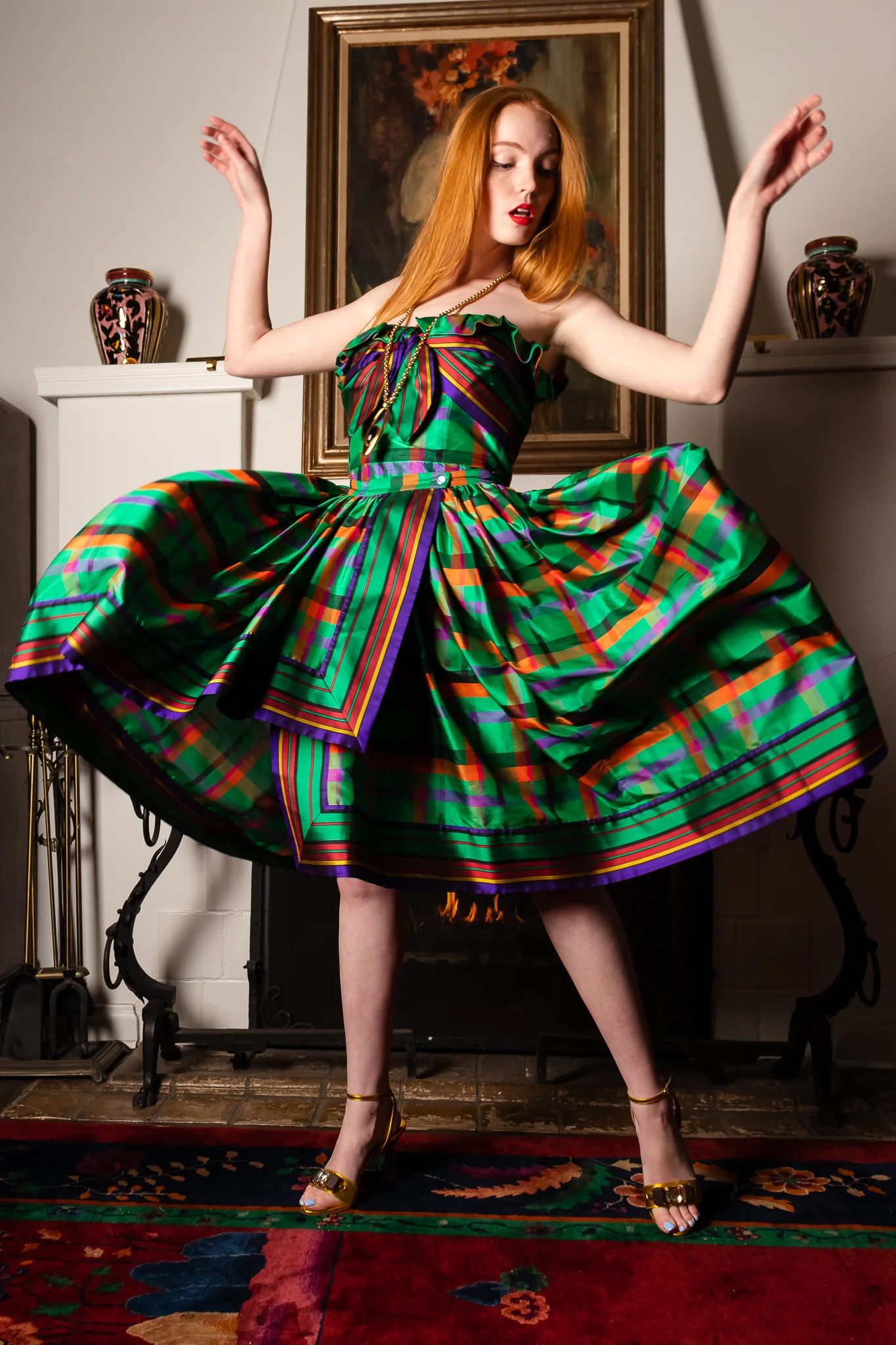 Rainbow Plaid Silk Dress & Skirt Set - Image 4
