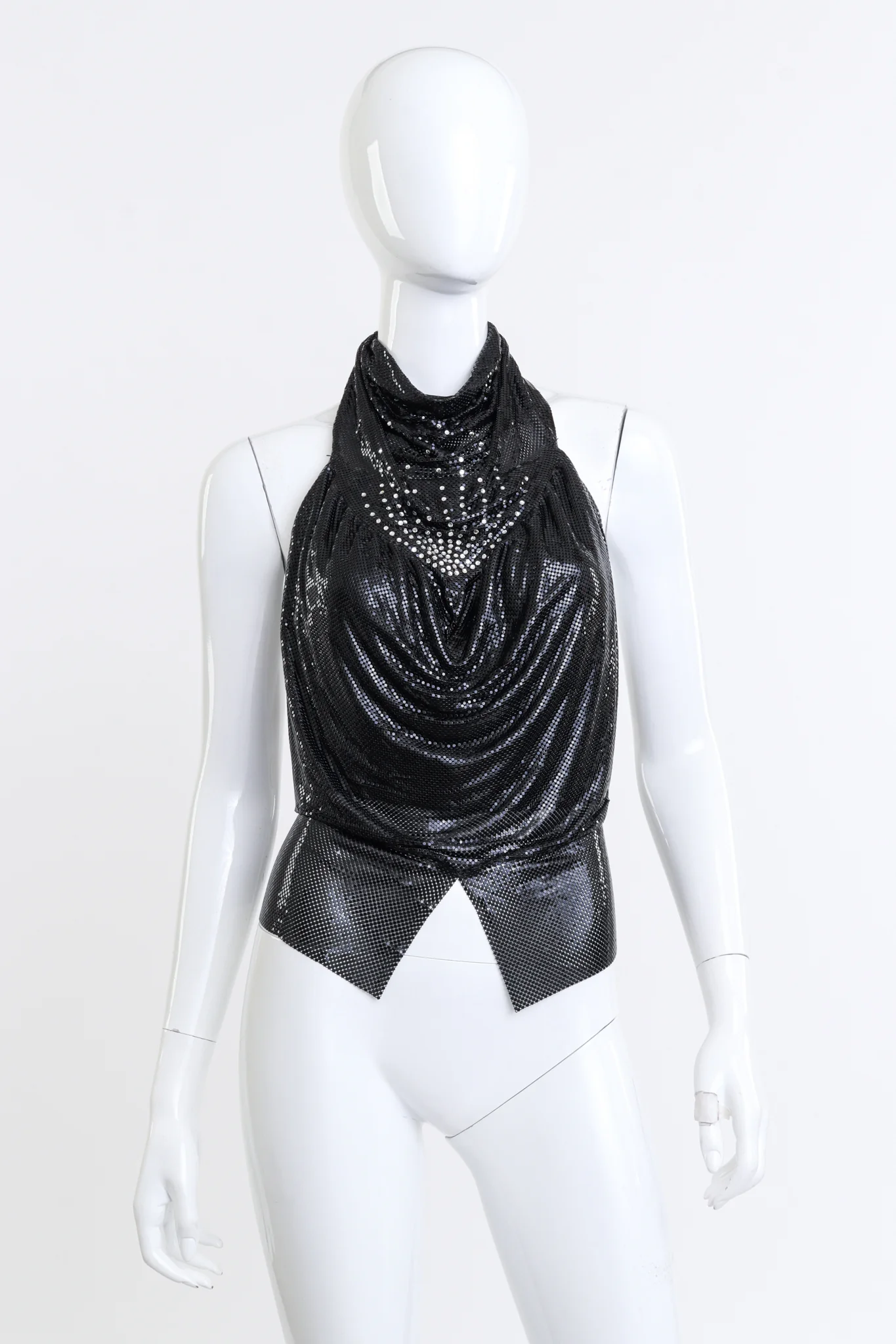 Rhinestone Cowl Metal Mesh Halter Top
