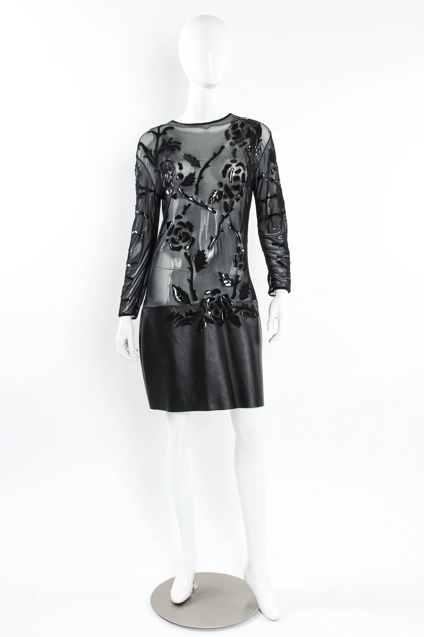 Rose Appliqué Leather Sheer Dress