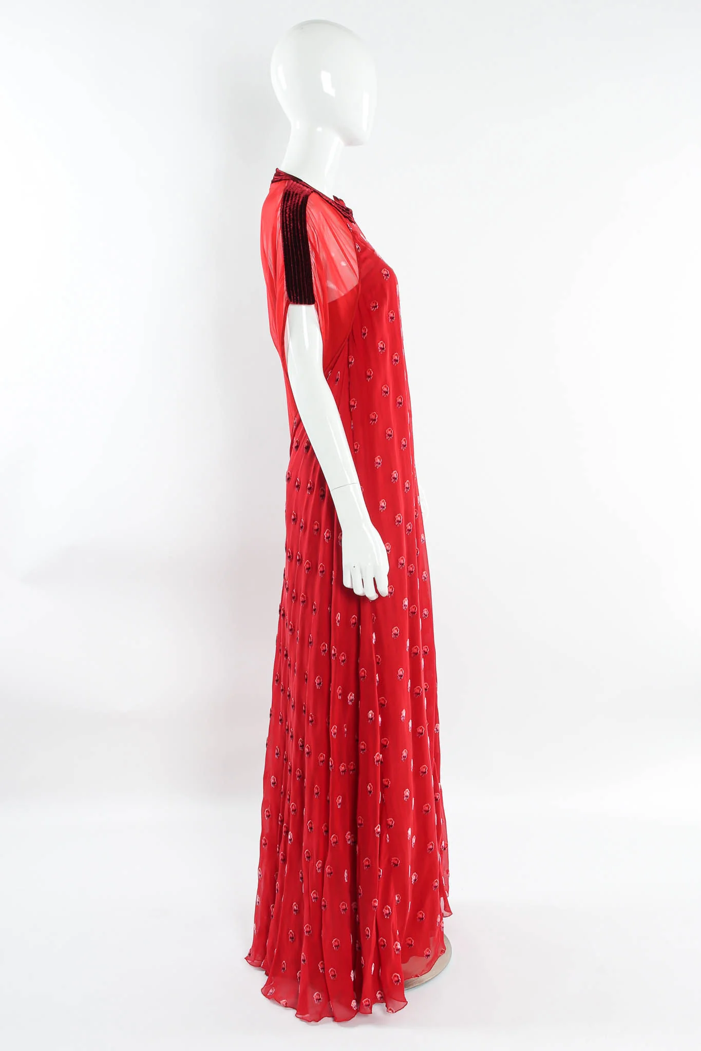 Rose Flocked Velvet Silk Panel Dress - Image 3