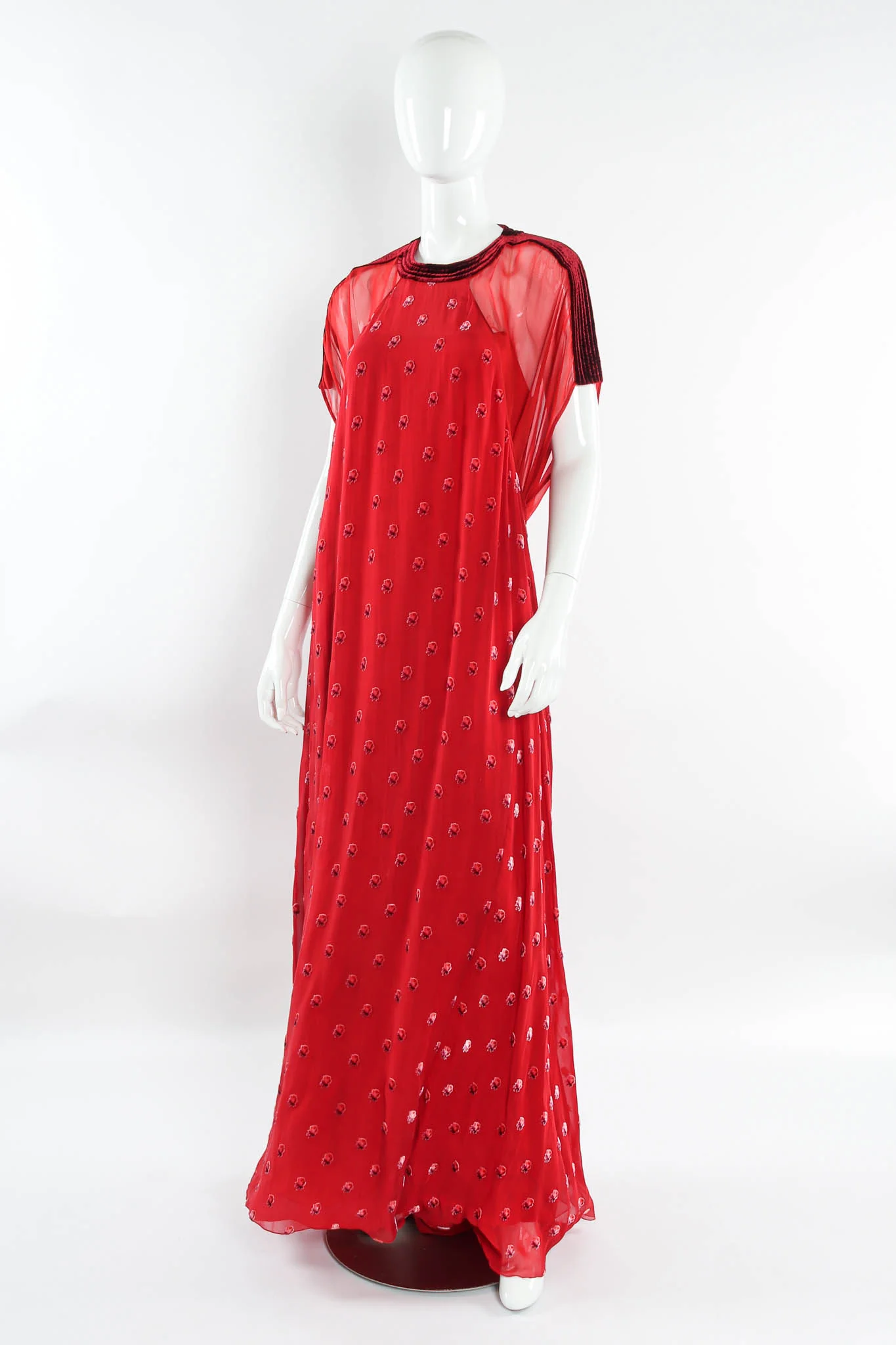 Rose Flocked Velvet Silk Panel Dress - Image 4