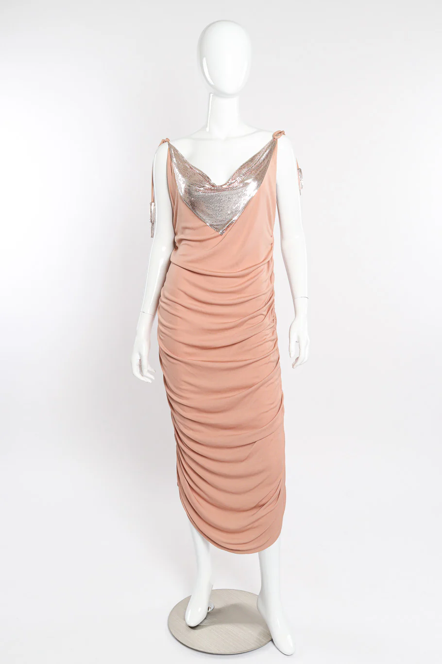Ruched Metal Mesh Jersey Gown