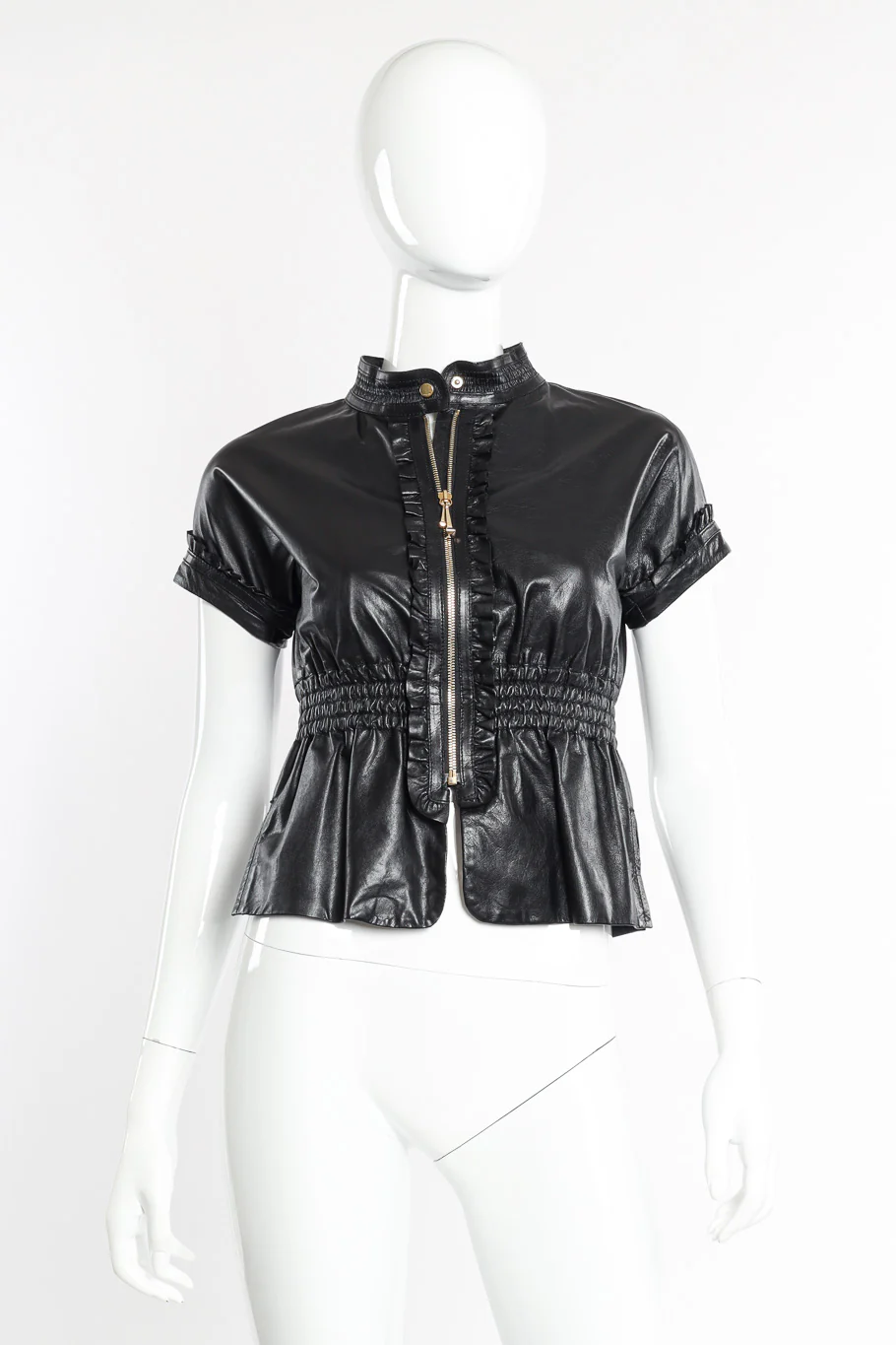 Ruffle Leather Zip-Up Jacket