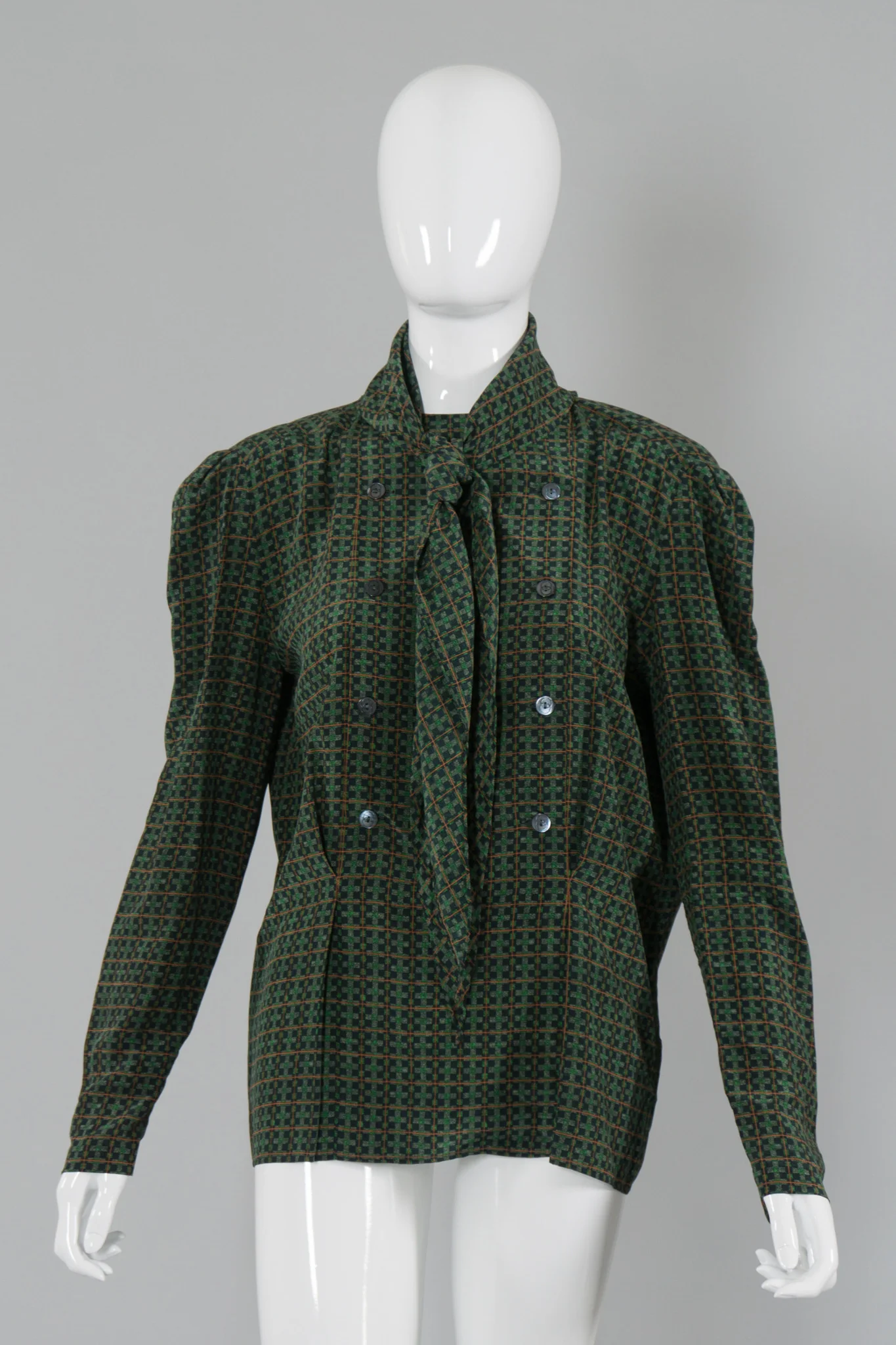 Scarf-Tie Check Blouse