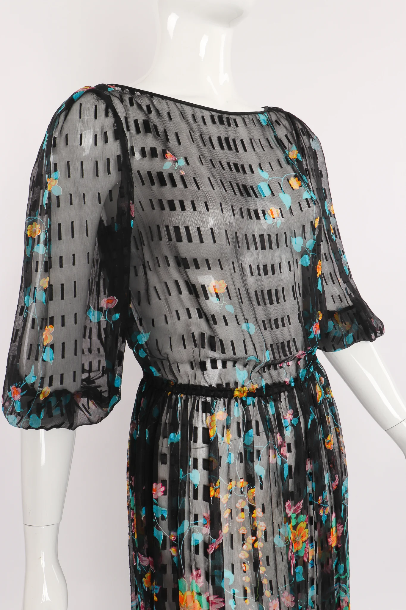 Sheer Floral Puff Sleeve Dress - Image 3