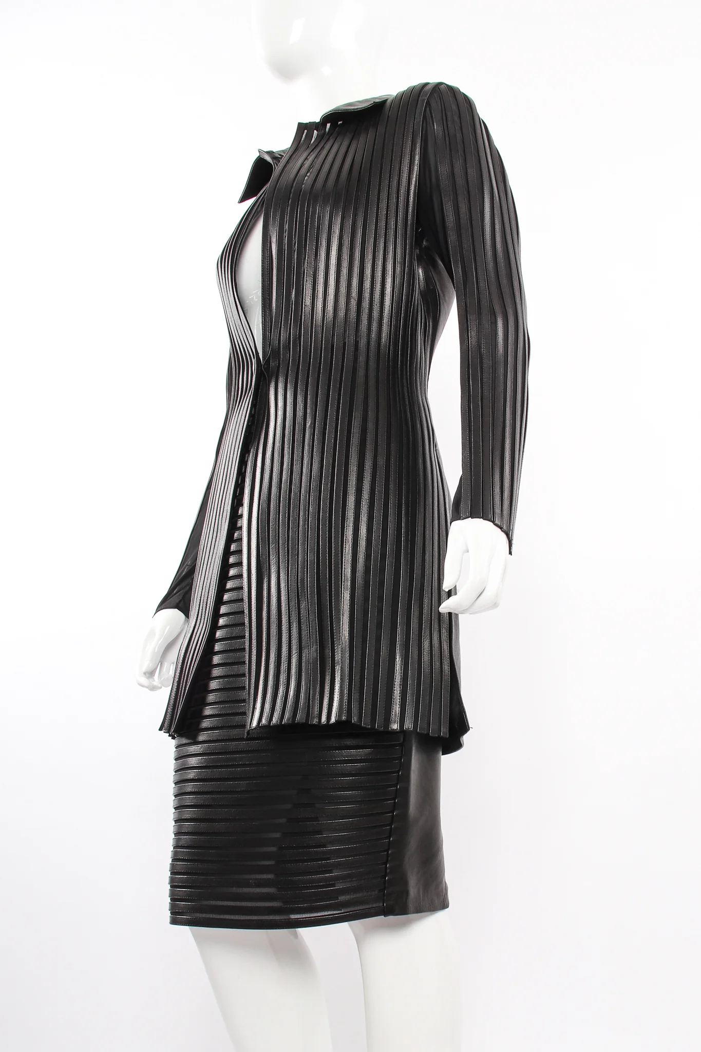 Sheer Leather Striped Jacket & Skirt Set - Image 3