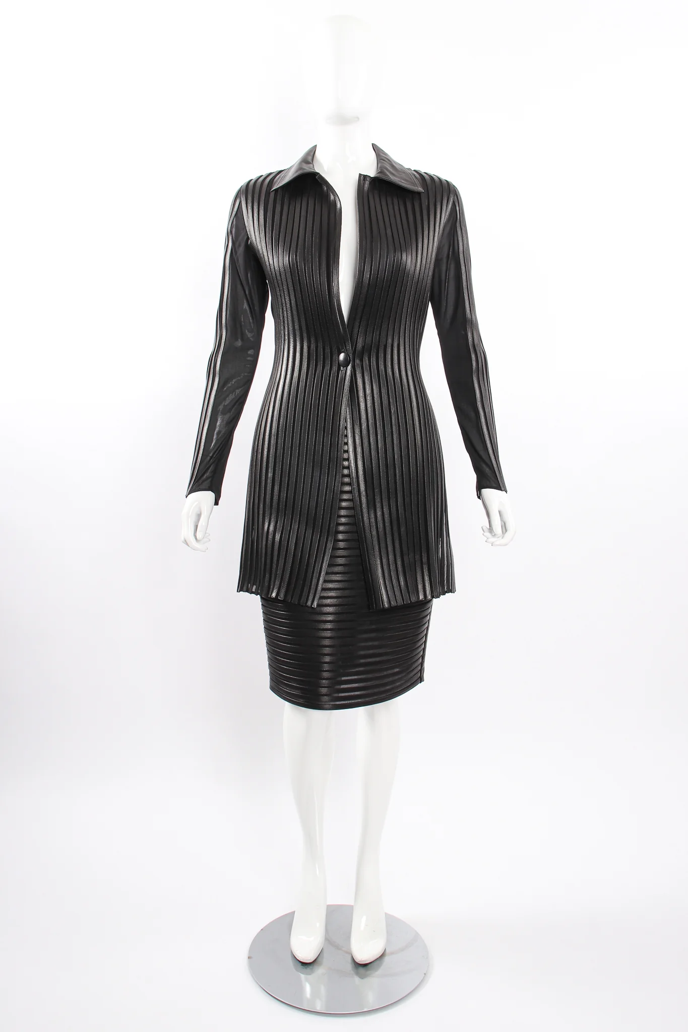 Sheer Leather Striped Jacket & Skirt Set - Image 6