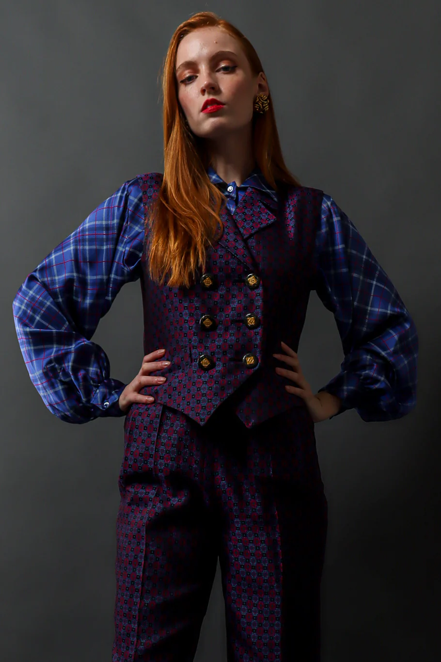Silk Plaid Print Blouse - Image 2
