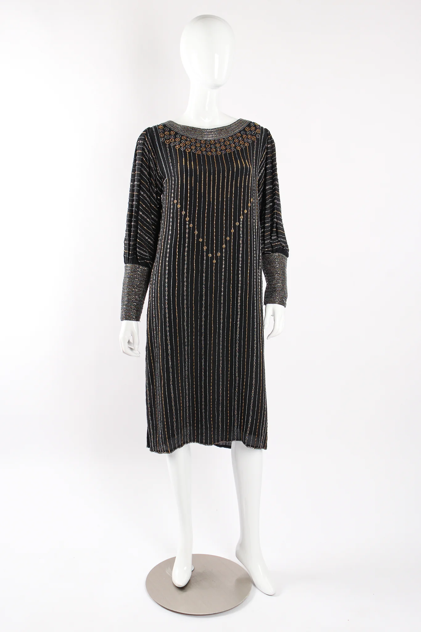 Bead Striped Silk Shift Dress