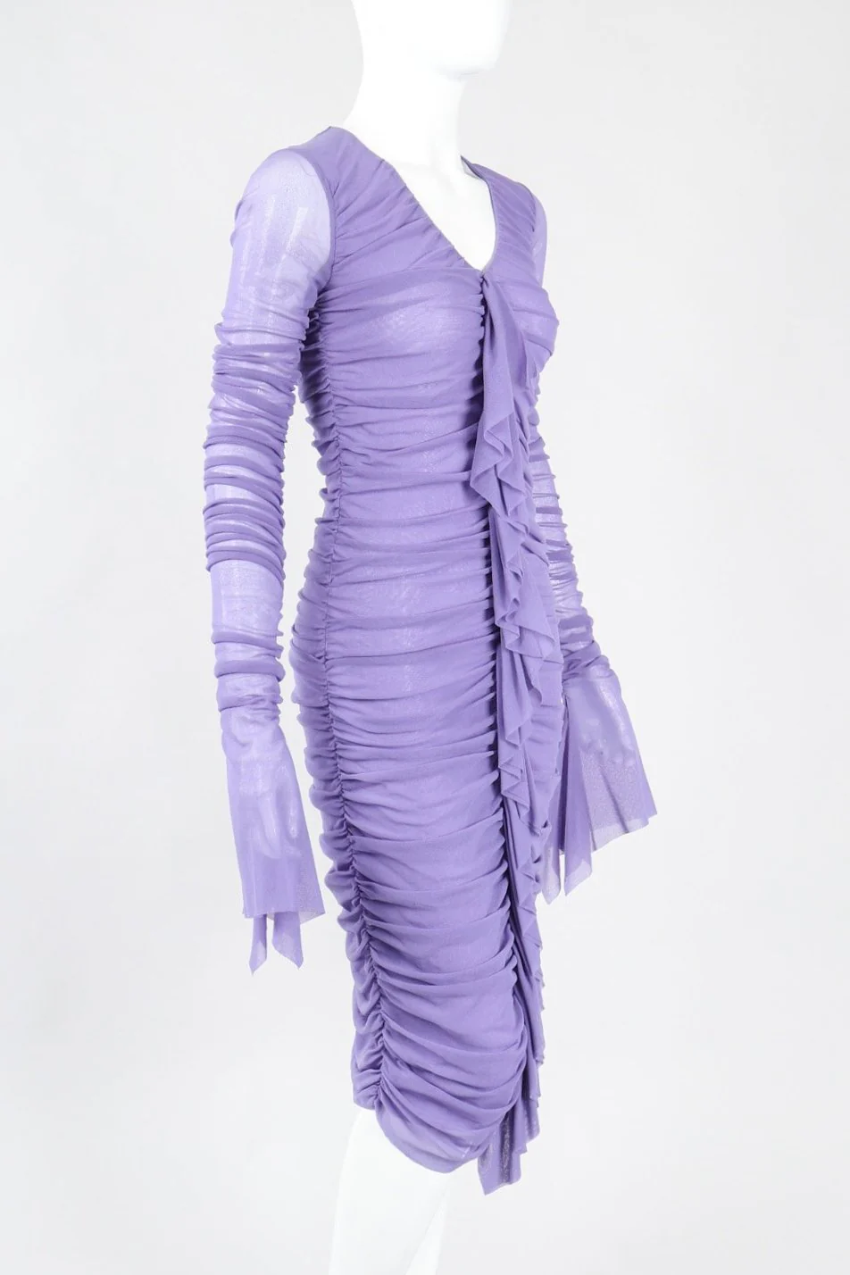 Soleil Ruched Mesh Ruffle Cuff Dress