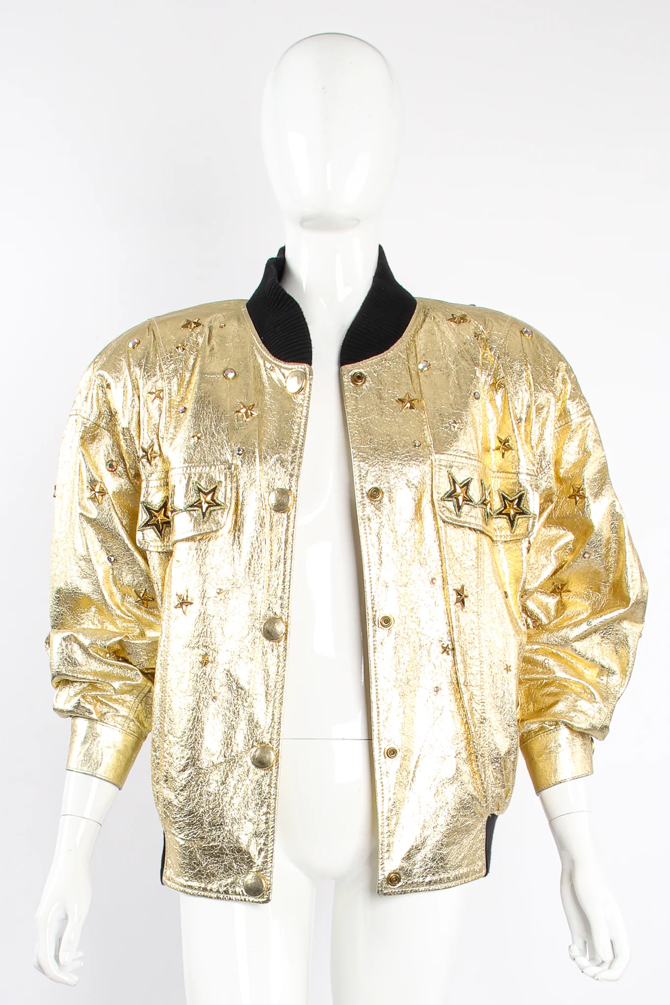 Studded Gold Leather Bomber Jacket - Image 2
