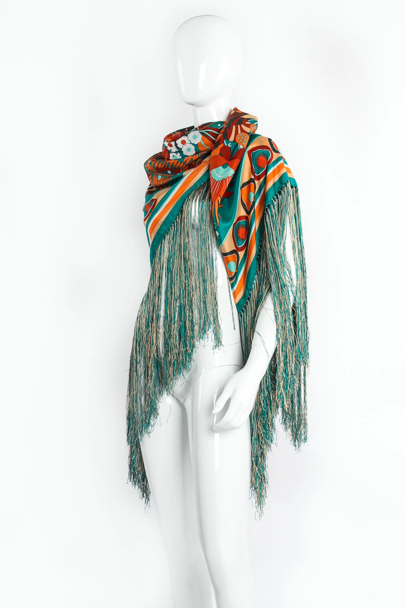 Tropical Floral Print Silk Fringe Shawl - Image 3