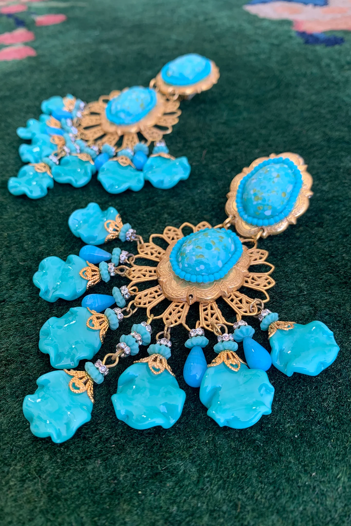 Turquoise Glass Chandelier Earrings - Image 3