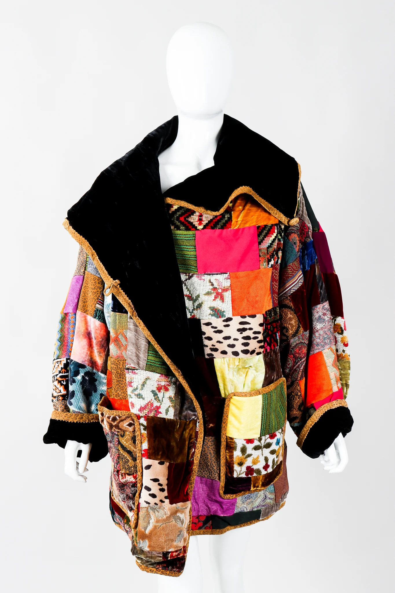 Velvet Patchwork Shawl Collar Coat - Image 3