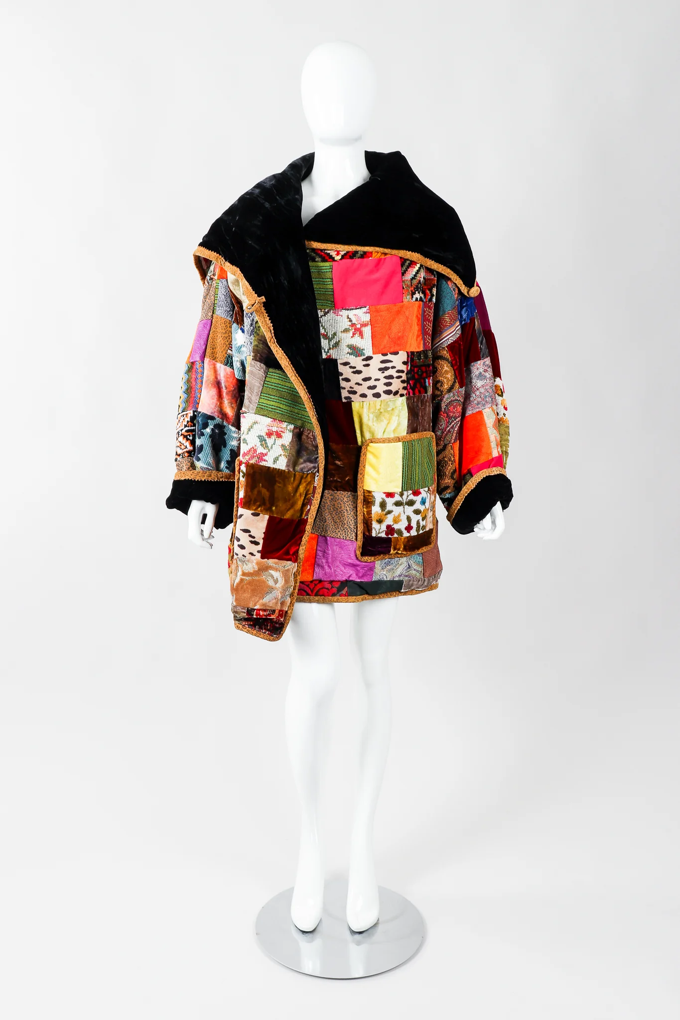 Velvet Patchwork Shawl Collar Coat - Image 4
