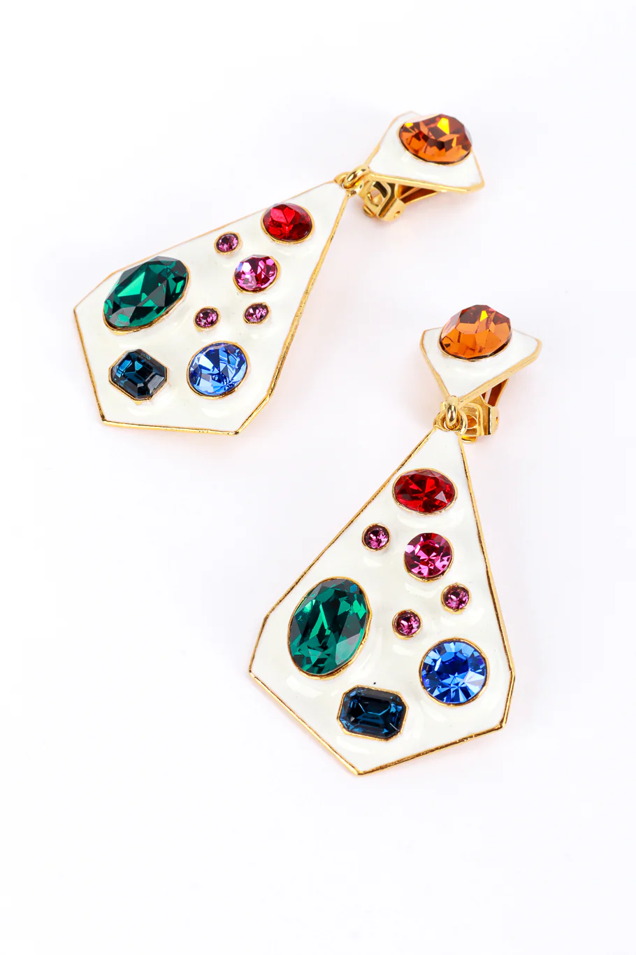 White Enamel & Crystals Geo Drop Earrings - Image 3