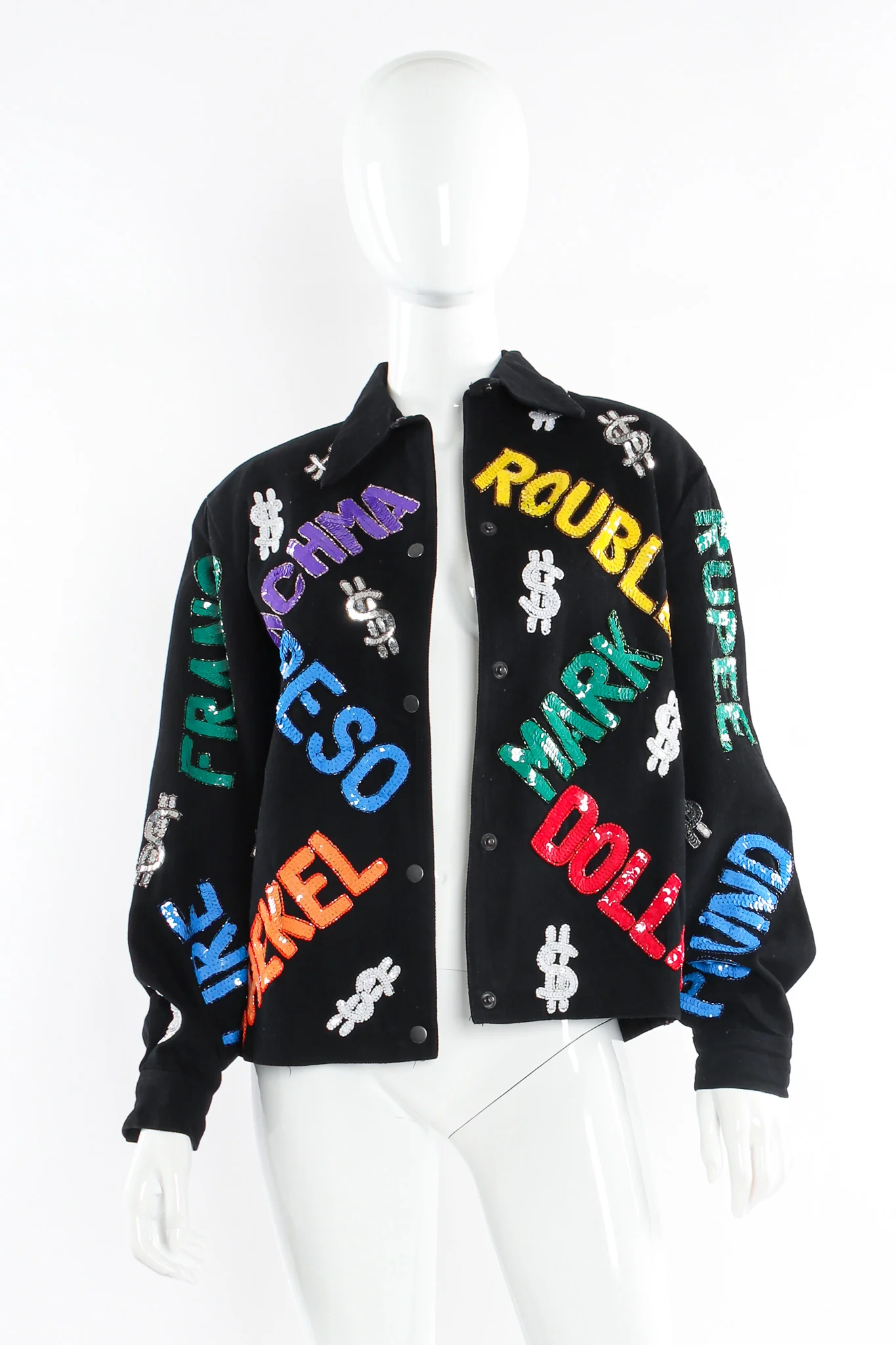 World Currency Sequin Denim Jacket - Image 4